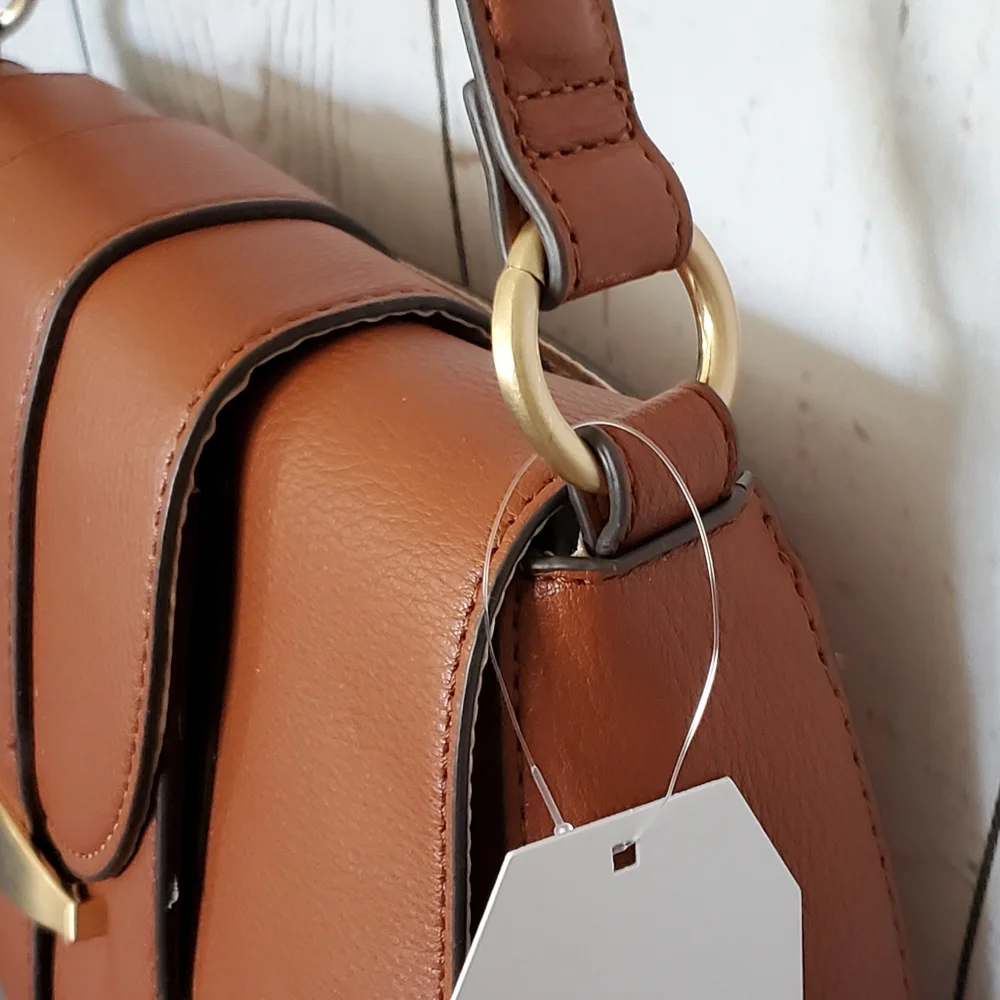 Time and Tru recycled materials vinyl hidden pocket shoulder bag brown, gold